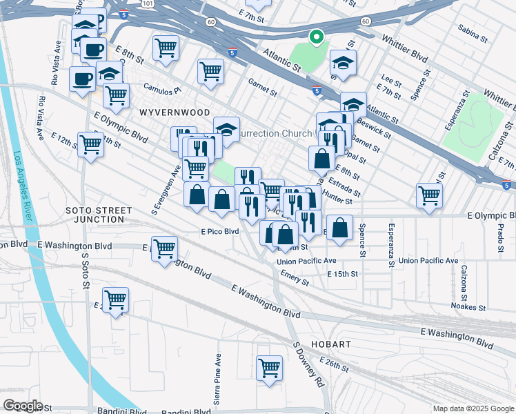 map of restaurants, bars, coffee shops, grocery stores, and more near 3237 East Olympic Boulevard in Los Angeles