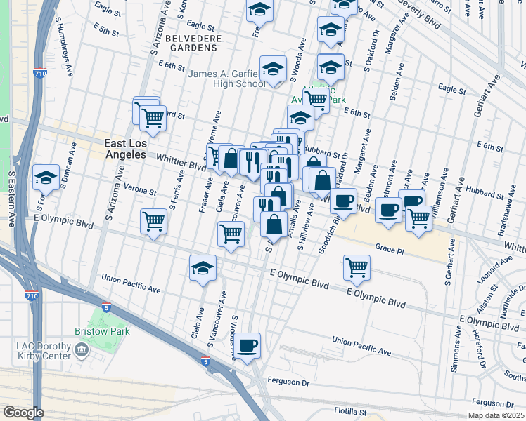 map of restaurants, bars, coffee shops, grocery stores, and more near in East Los Angeles