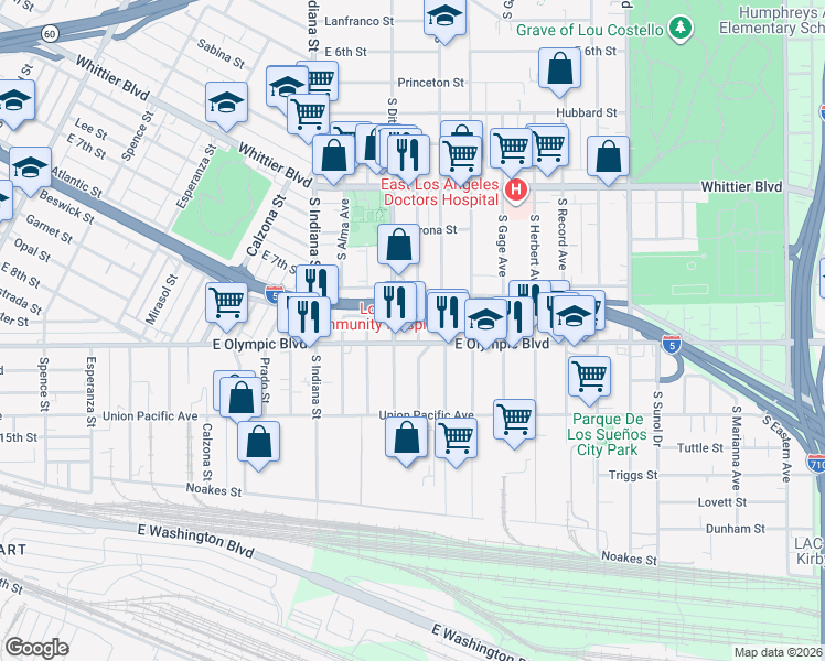 map of restaurants, bars, coffee shops, grocery stores, and more near 1140 1/2 South Townsend Avenue in Los Angeles