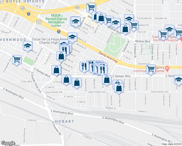 map of restaurants, bars, coffee shops, grocery stores, and more near 3573 East 8th Street in Los Angeles