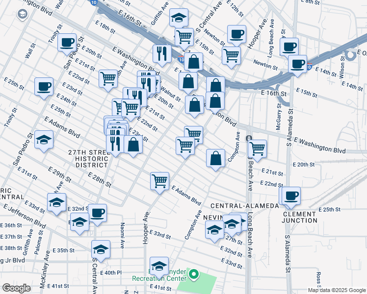 map of restaurants, bars, coffee shops, grocery stores, and more near 1427 East 22nd Street in Los Angeles