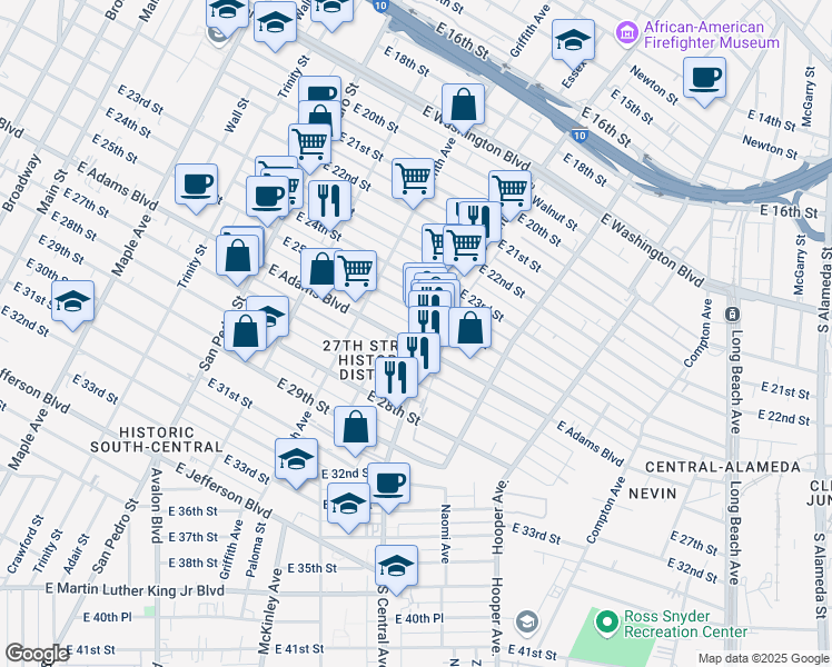 map of restaurants, bars, coffee shops, grocery stores, and more near 1008 East 25th Street in Los Angeles