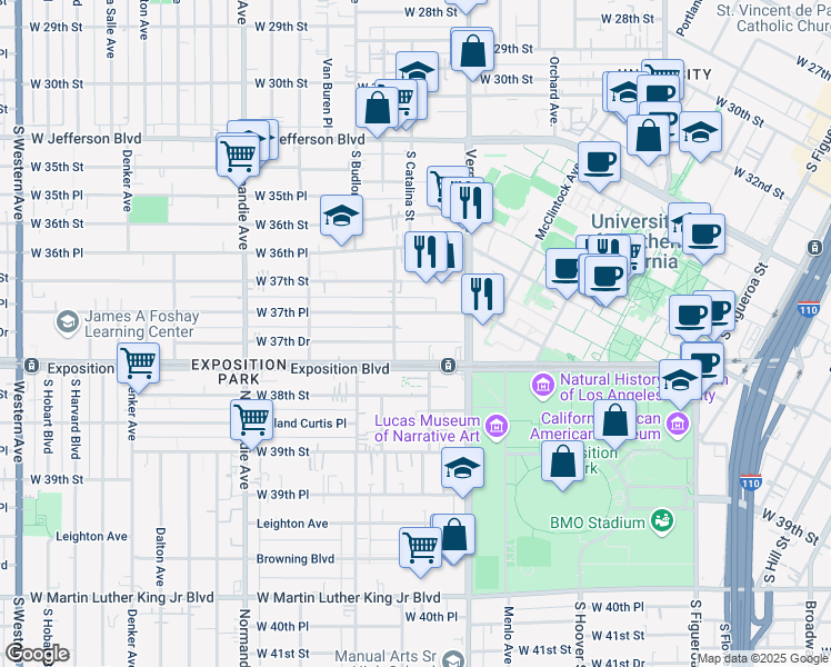 map of restaurants, bars, coffee shops, grocery stores, and more near 1146 West 37th Street in Los Angeles