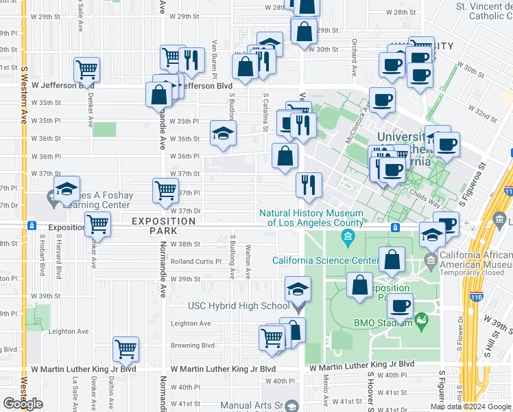 map of restaurants, bars, coffee shops, grocery stores, and more near 1205 West 37th Place in Los Angeles