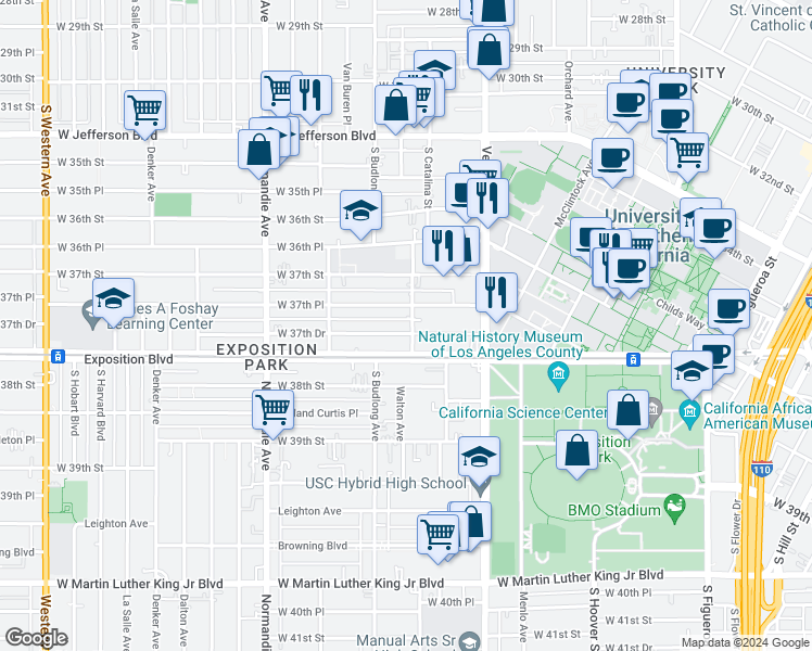 map of restaurants, bars, coffee shops, grocery stores, and more near 1205 West 37th Place in Los Angeles