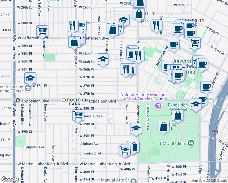 map of restaurants, bars, coffee shops, grocery stores, and more near 1205 West 37th Place in Los Angeles