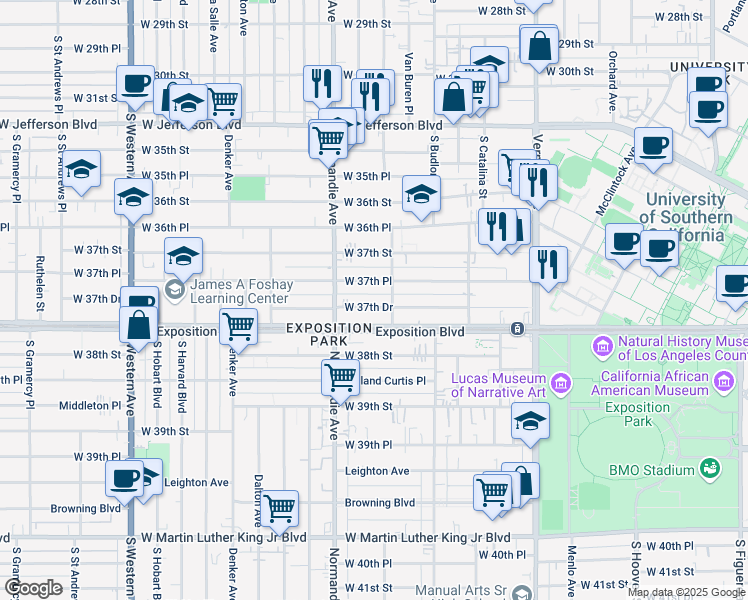 map of restaurants, bars, coffee shops, grocery stores, and more near 1348 West 37th Place in Los Angeles
