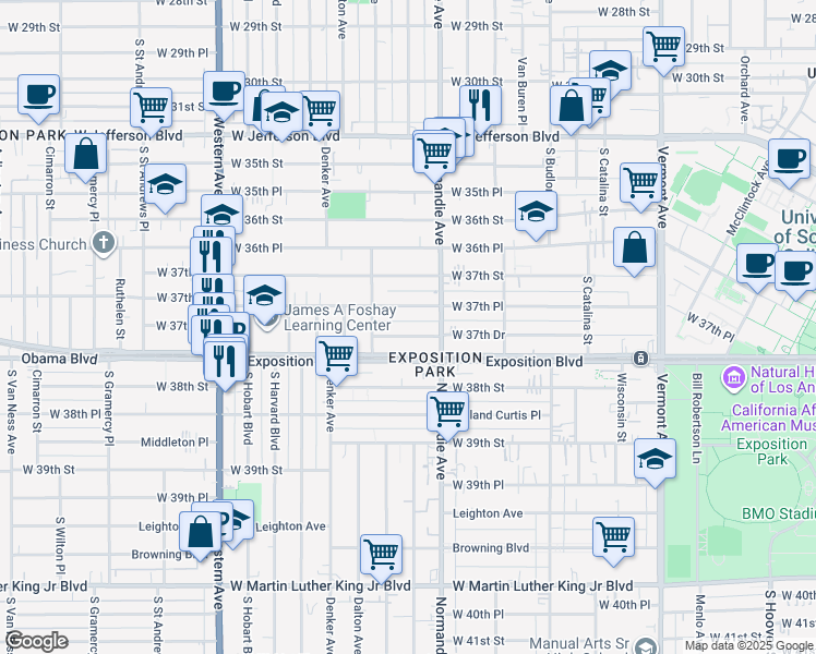 map of restaurants, bars, coffee shops, grocery stores, and more near 1453 West 37th Place in Los Angeles