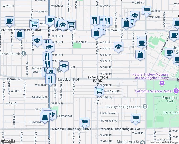 map of restaurants, bars, coffee shops, grocery stores, and more near 1453 West 37th Place in Los Angeles