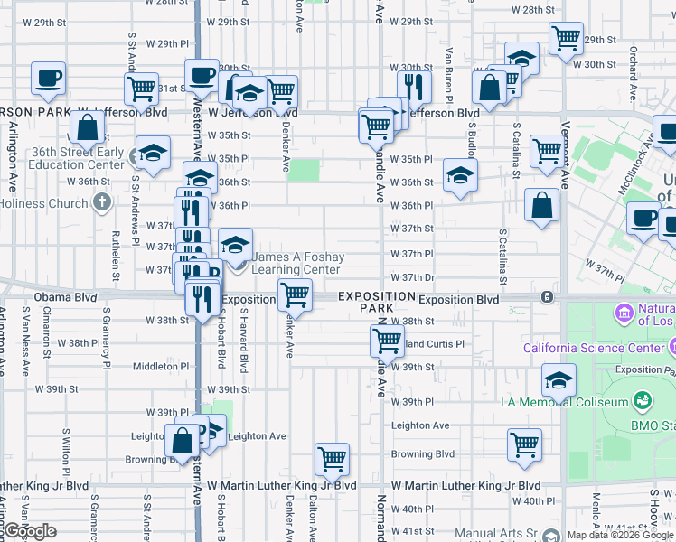 map of restaurants, bars, coffee shops, grocery stores, and more near 1453 West 37th Place in Los Angeles