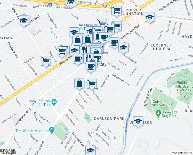 map of restaurants, bars, coffee shops, grocery stores, and more near 4029 Lincoln Avenue in Culver City