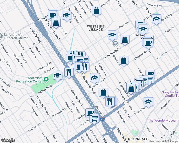 map of restaurants, bars, coffee shops, grocery stores, and more near 3506 Palms Boulevard in Los Angeles