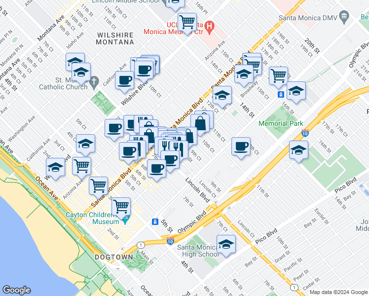 map of restaurants, bars, coffee shops, grocery stores, and more near 1423 9th Street in Santa Monica