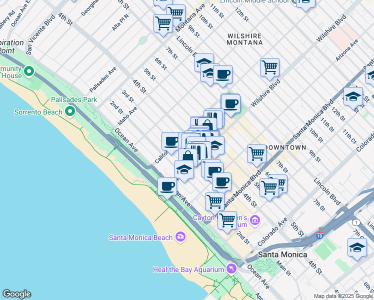 map of restaurants, bars, coffee shops, grocery stores, and more near in Santa Monica