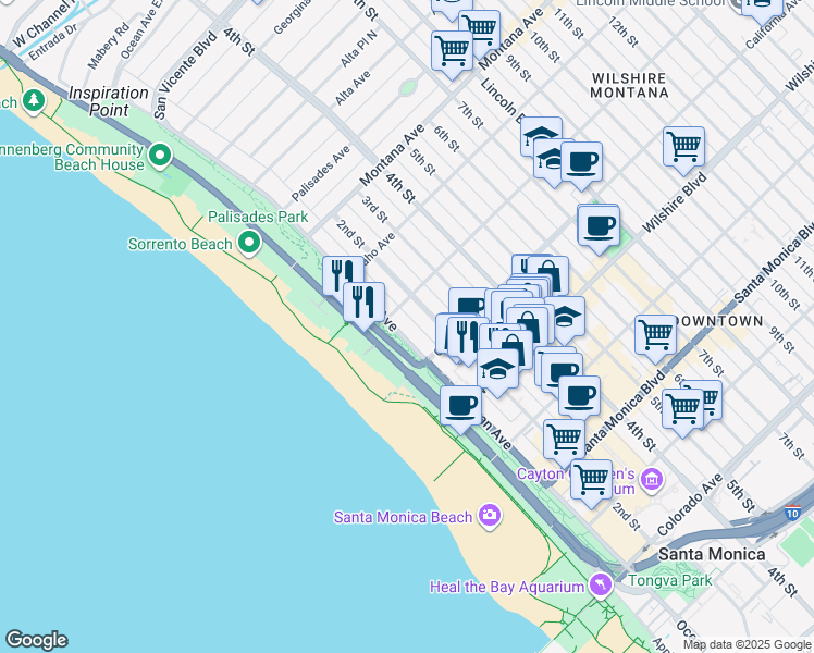 map of restaurants, bars, coffee shops, grocery stores, and more near 1017 2nd Street in Santa Monica