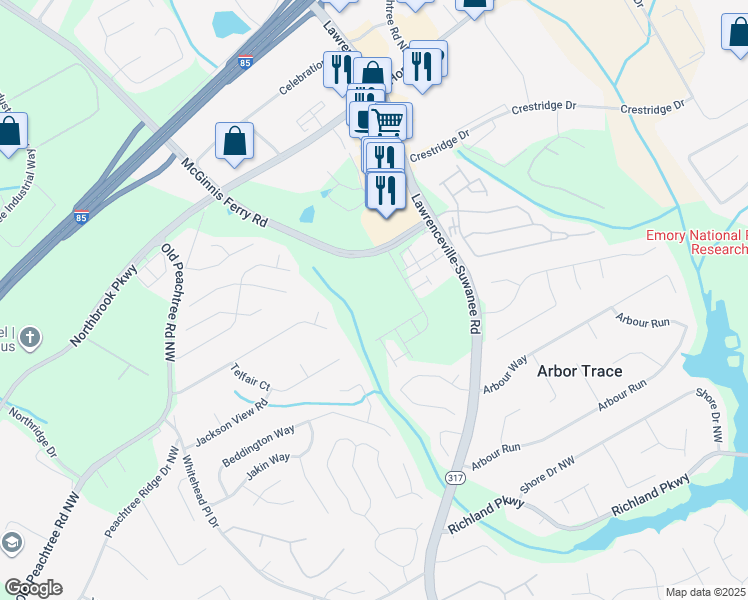 map of restaurants, bars, coffee shops, grocery stores, and more near 2666 Lawrenceville-Suwanee Road in Suwanee