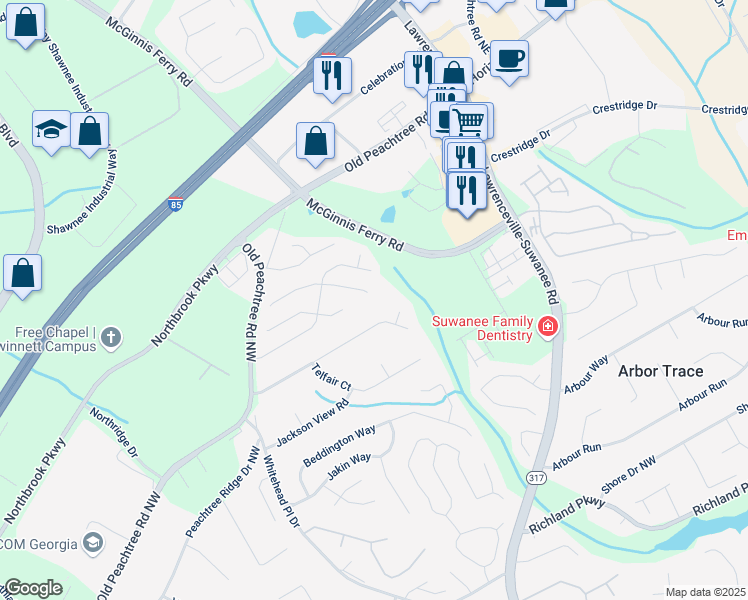 map of restaurants, bars, coffee shops, grocery stores, and more near 2700 White Blossom Lane in Suwanee