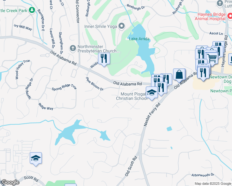 map of restaurants, bars, coffee shops, grocery stores, and more near 9800 Woodfall Drive in Roswell