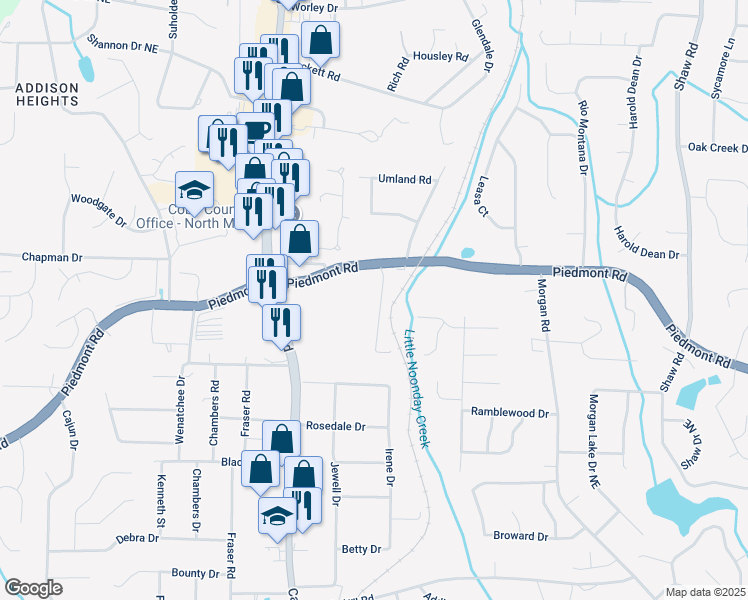map of restaurants, bars, coffee shops, grocery stores, and more near 2823 New South Drive in Marietta