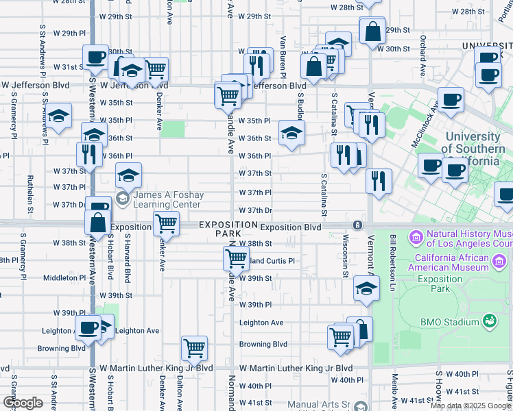 map of restaurants, bars, coffee shops, grocery stores, and more near 1341 West 37th Drive in Los Angeles