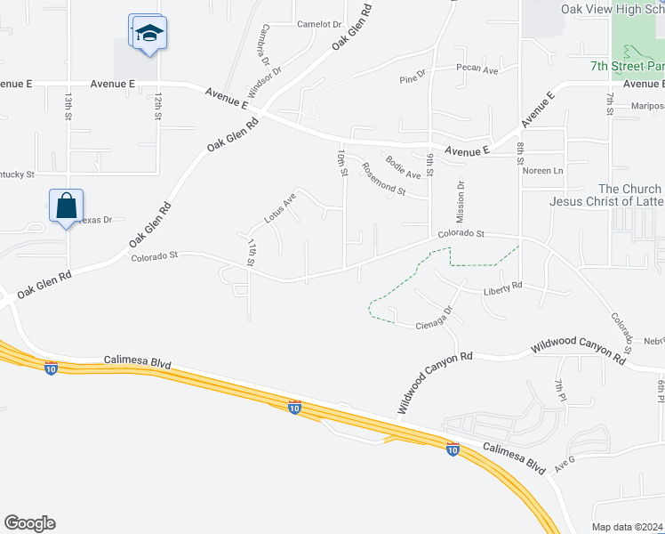 map of restaurants, bars, coffee shops, grocery stores, and more near 33288 Colorado Street in Yucaipa