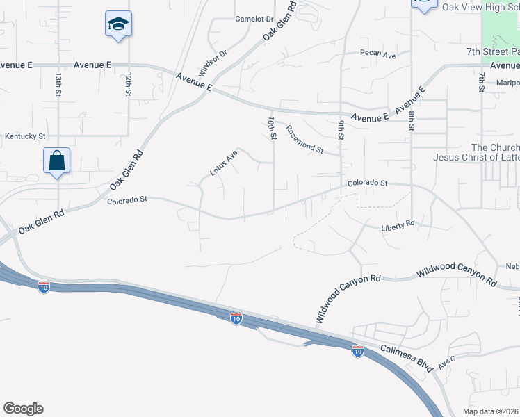 map of restaurants, bars, coffee shops, grocery stores, and more near 33278 Colorado Street in Yucaipa