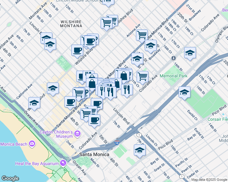 map of restaurants, bars, coffee shops, grocery stores, and more near 1423 9th Street in Santa Monica