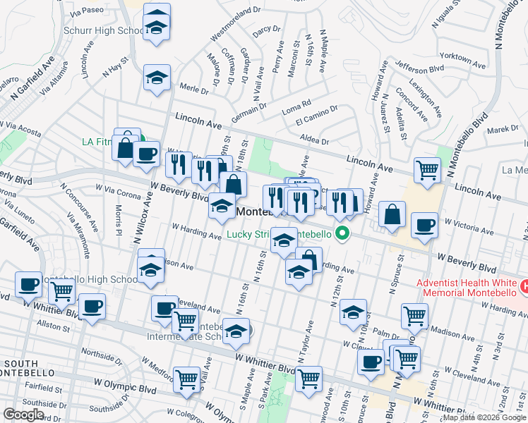map of restaurants, bars, coffee shops, grocery stores, and more near in Montebello