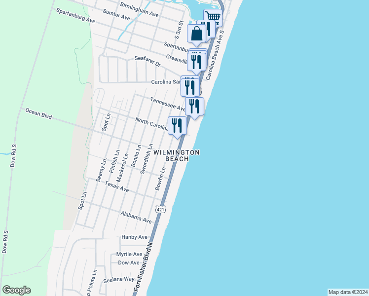 map of restaurants, bars, coffee shops, grocery stores, and more near 1311 Lake Park Boulevard South in Carolina Beach