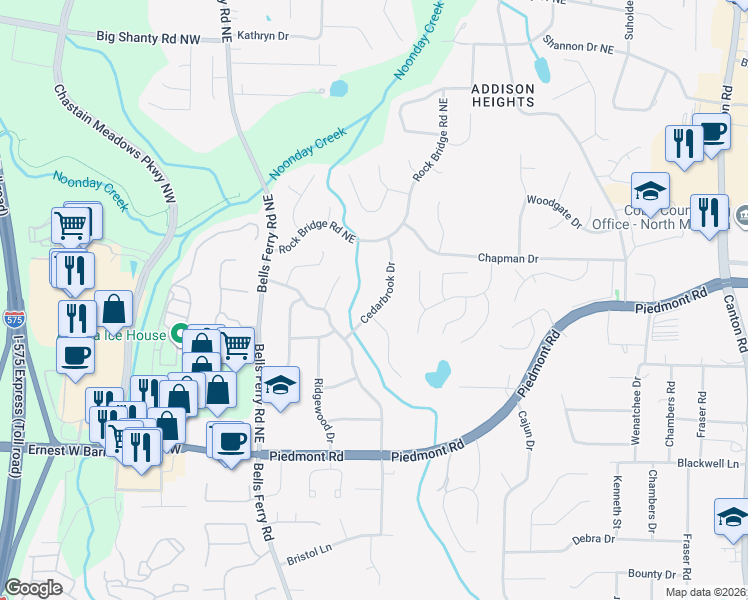 map of restaurants, bars, coffee shops, grocery stores, and more near 2815 Cedarbrook Drive in Marietta