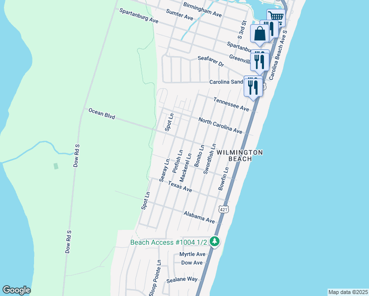 map of restaurants, bars, coffee shops, grocery stores, and more near 1407 Pinfish Lane in Carolina Beach