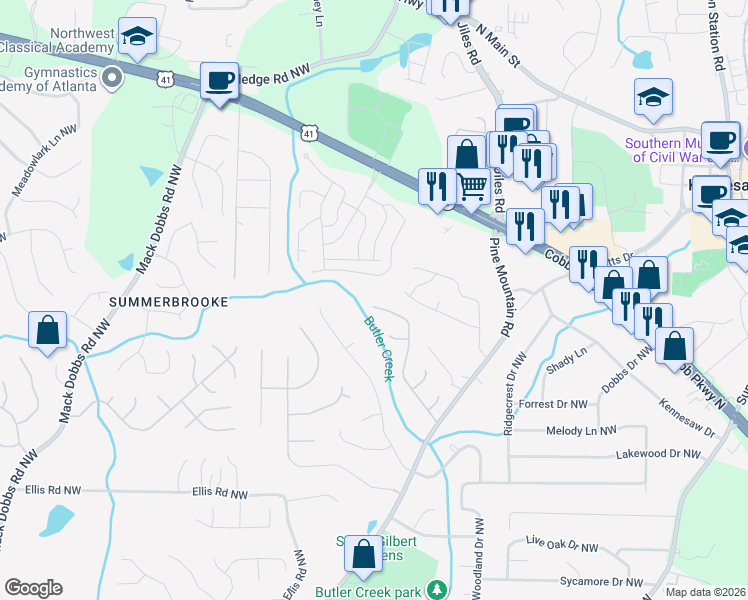 map of restaurants, bars, coffee shops, grocery stores, and more near 4010 Wellcrest Drive Northwest in Kennesaw