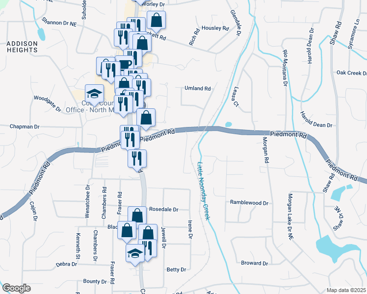 map of restaurants, bars, coffee shops, grocery stores, and more near 2823 New South Drive in Marietta
