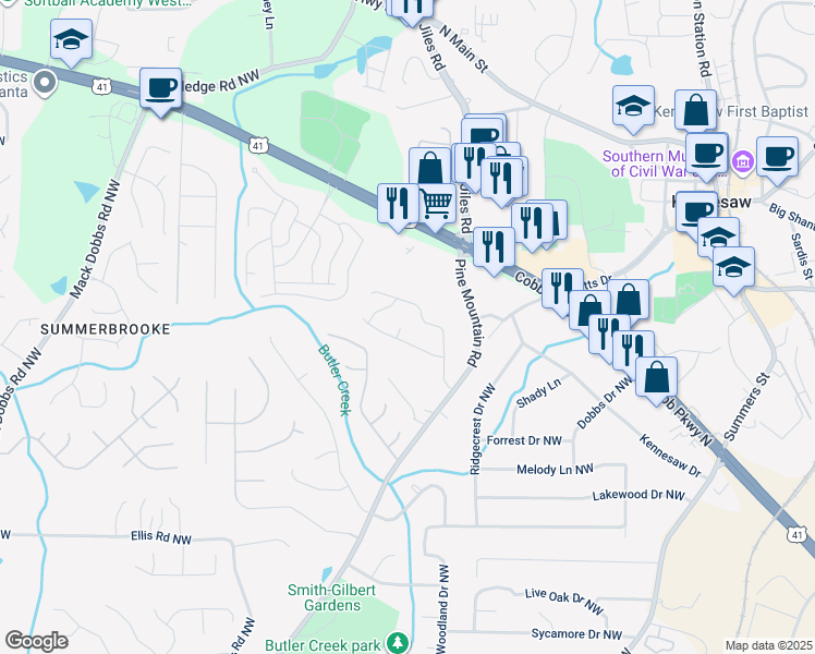 map of restaurants, bars, coffee shops, grocery stores, and more near 2656 Laurel Lane Northwest in Kennesaw