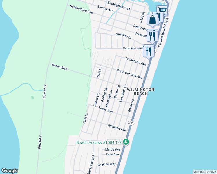 map of restaurants, bars, coffee shops, grocery stores, and more near 1407 Pinfish Lane in Carolina Beach