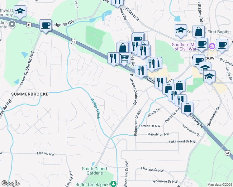 map of restaurants, bars, coffee shops, grocery stores, and more near 2733 General Schwarzkopf Court in Kennesaw
