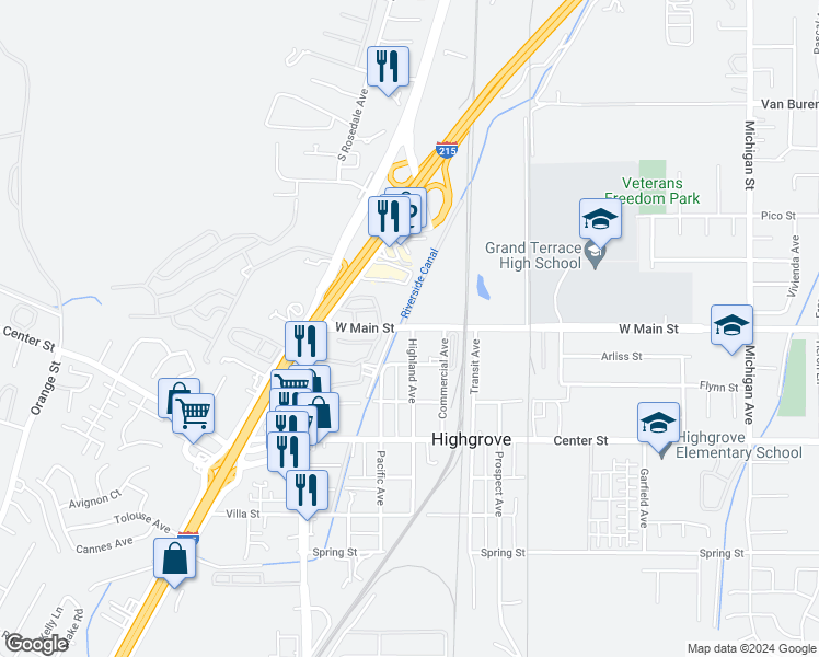 map of restaurants, bars, coffee shops, grocery stores, and more near 4484 Main Street in Riverside