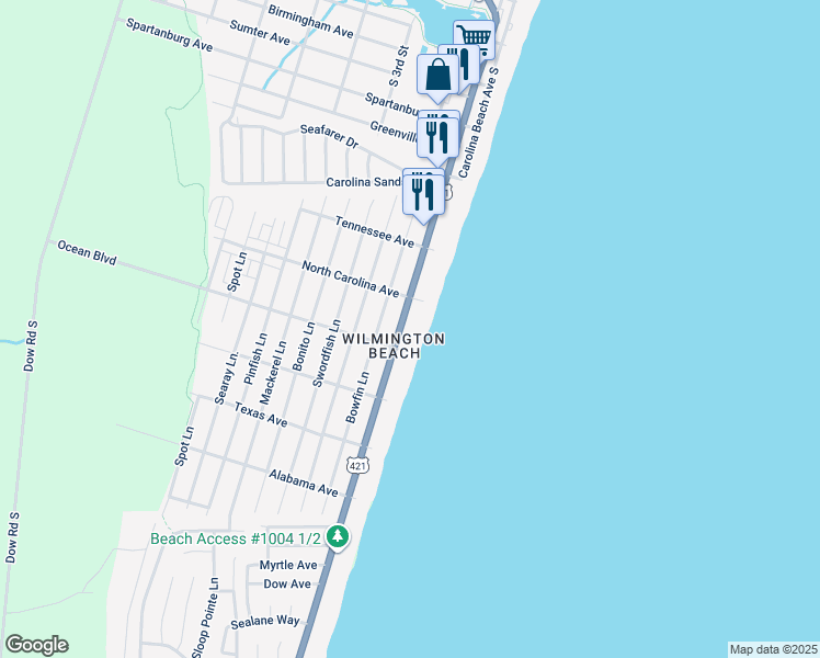 map of restaurants, bars, coffee shops, grocery stores, and more near 1311 Lake Park Boulevard South in Carolina Beach