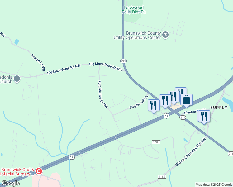 map of restaurants, bars, coffee shops, grocery stores, and more near 126 Maymont Street Northwest in Brunswick County