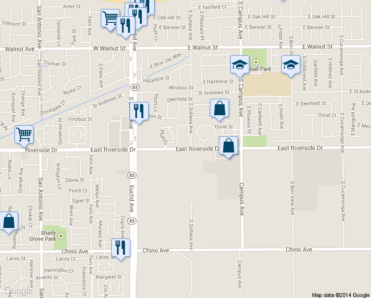 map of restaurants, bars, coffee shops, grocery stores, and more near 451 East Riverside Drive in Ontario