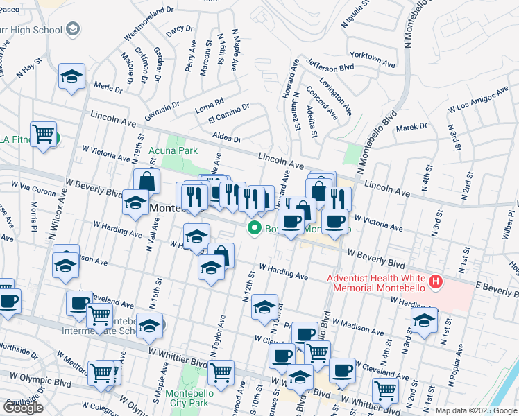 map of restaurants, bars, coffee shops, grocery stores, and more near 528 North Taylor Avenue in Montebello