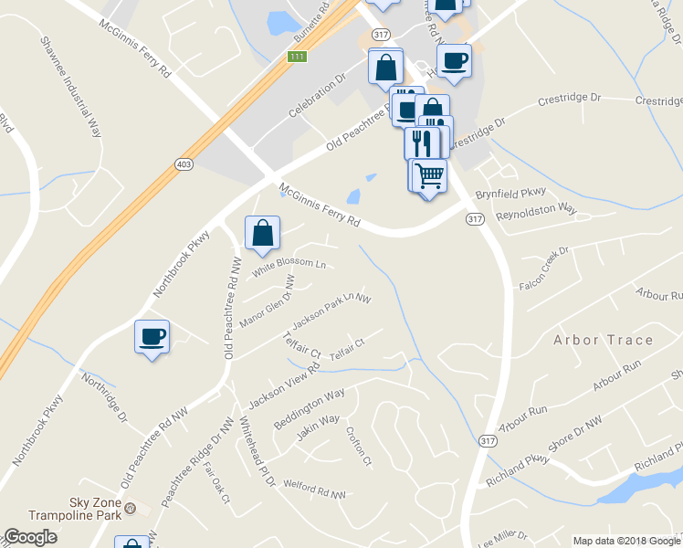 map of restaurants, bars, coffee shops, grocery stores, and more near 2700 White Blossom Ln in Suwanee