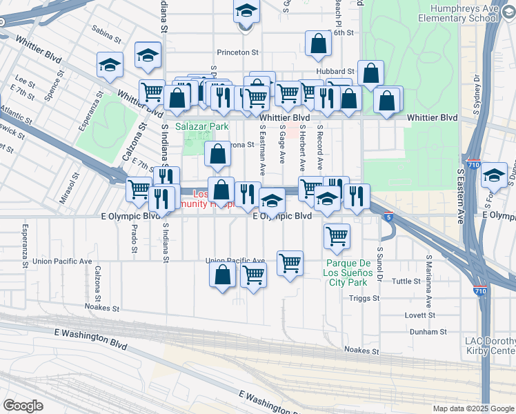 map of restaurants, bars, coffee shops, grocery stores, and more near 4081 East Olympic Boulevard in Los Angeles