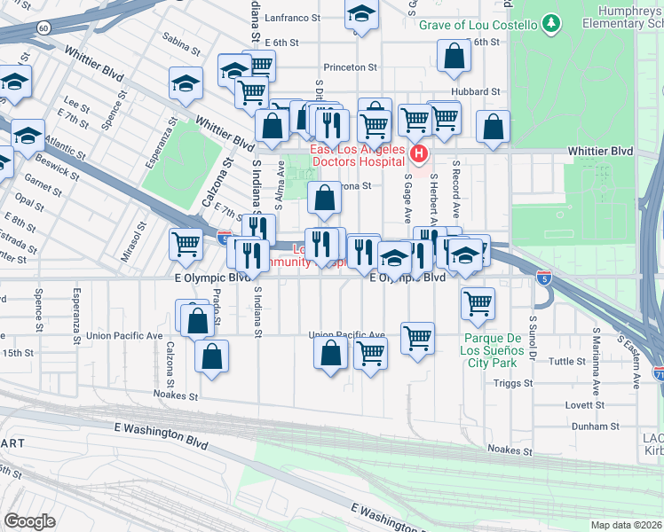 map of restaurants, bars, coffee shops, grocery stores, and more near 1140 1/2 South Townsend Avenue in Los Angeles