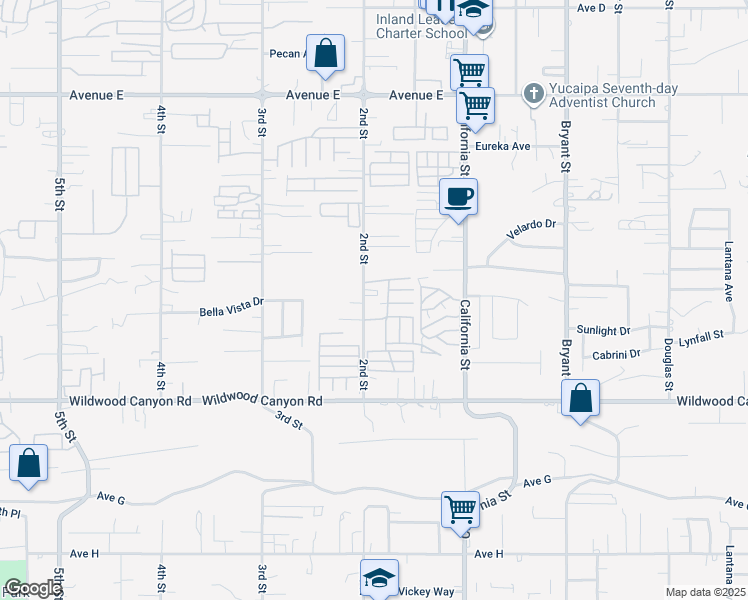 map of restaurants, bars, coffee shops, grocery stores, and more near 12903 2nd Street in Yucaipa