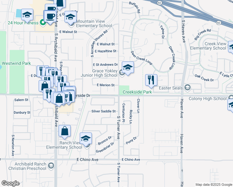 map of restaurants, bars, coffee shops, grocery stores, and more near 2951 South Plainfield Drive in Ontario