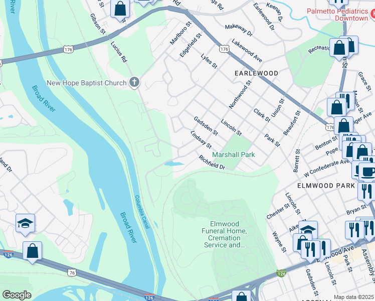 map of restaurants, bars, coffee shops, grocery stores, and more near 411 Northwood Street in Columbia