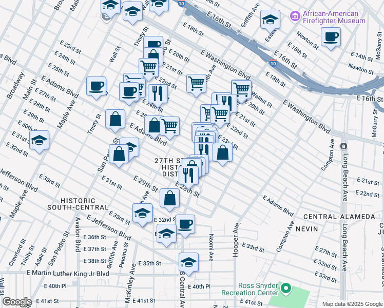 map of restaurants, bars, coffee shops, grocery stores, and more near 1011 East Adams Boulevard in Los Angeles