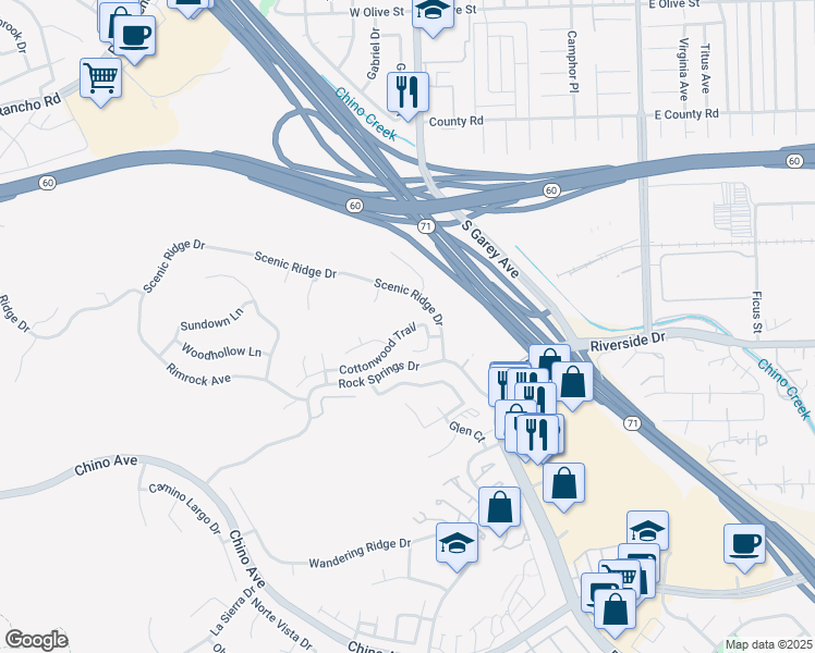 map of restaurants, bars, coffee shops, grocery stores, and more near 2566 Cottonwood Trail in Chino Hills