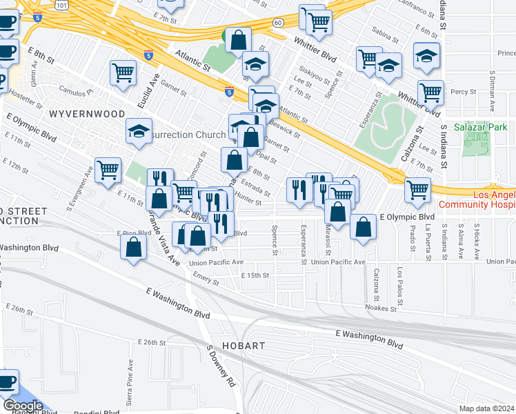 map of restaurants, bars, coffee shops, grocery stores, and more near 3454 Hunter Street in Los Angeles